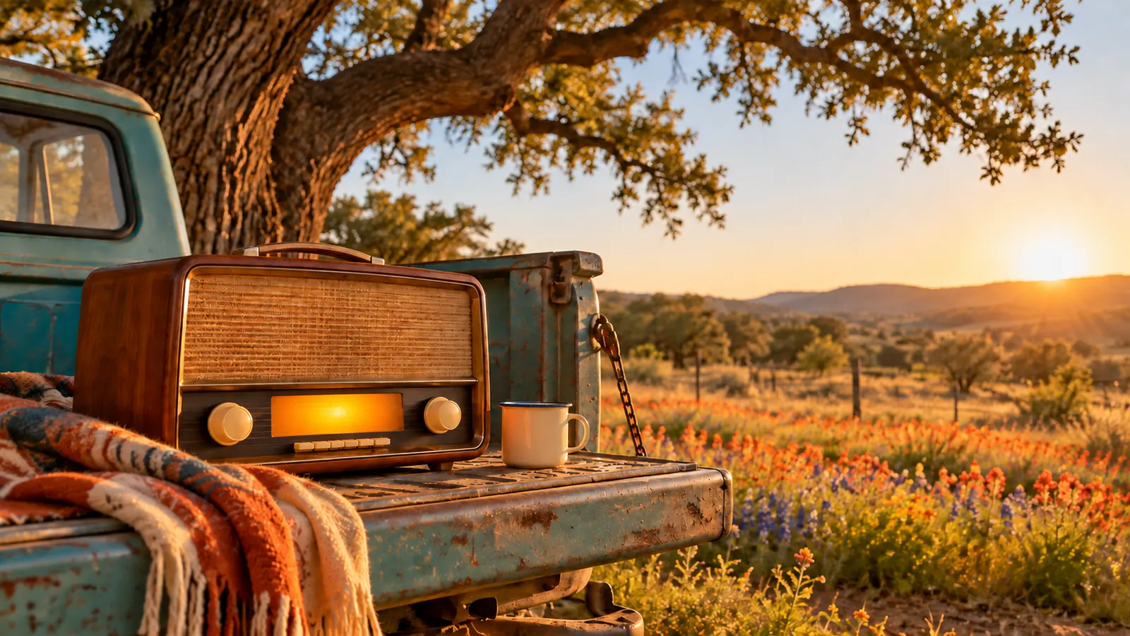 A retro radio on the tailgate of an old pickup truck parked under a live oak, a field of wildflowers behind