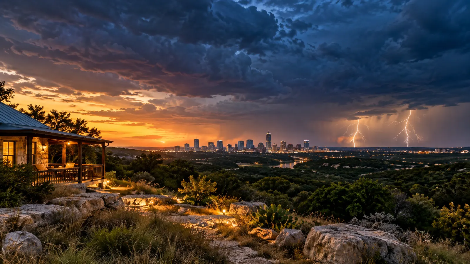 A Texas thunderstorm rolling over open prairie on the edge of the city, lightning in the distance, dark blue clouds