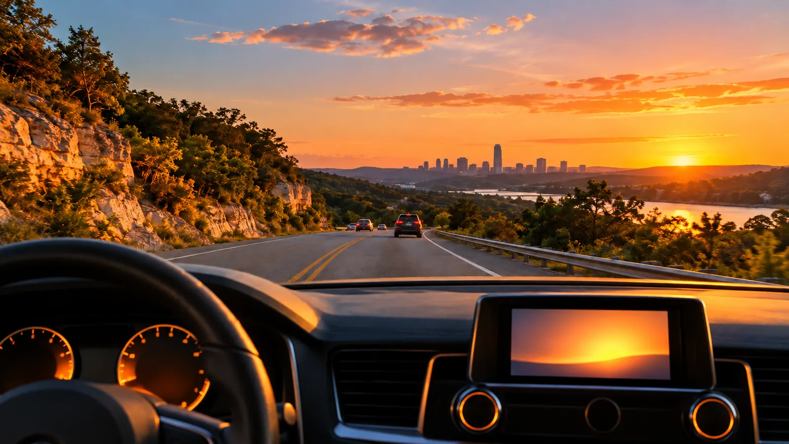 A car dashboard on a highway at sunset with a glowing radio display showing only abstract light, Hill Country road ahead